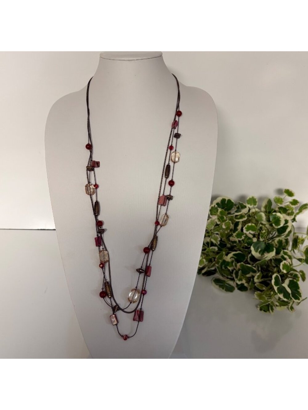 Boho-Inspired Multi-Strand Necklace Red and Clear Beads Bronze Tone Chains
